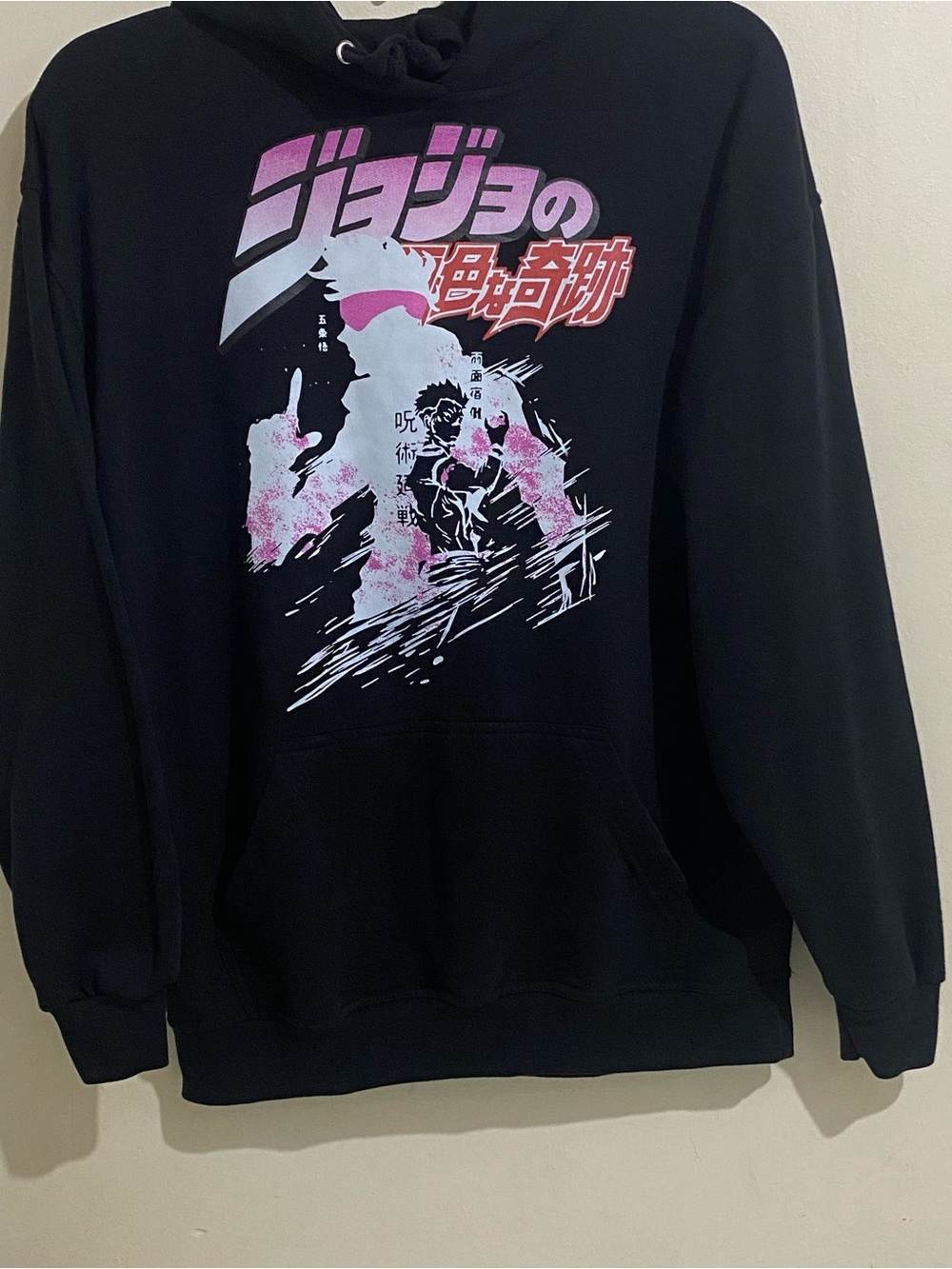 Jon Lauren Jojo Bizarre Adventure Black Hoodie with Pink & White Anime Graphic